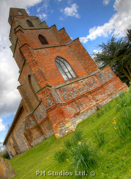 Angled photo of the church tower