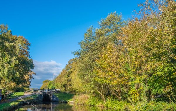 Mid-autumn view of a lock along the Trent and Mersey Canal - Colour version