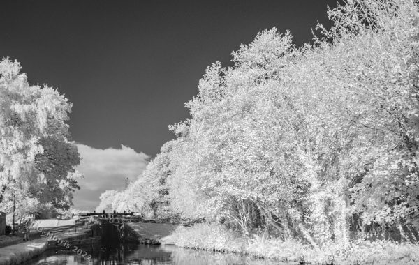 Mid-autumn view of a lock along the Trent and Mersey Canal - Infra-red version